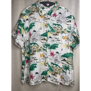 Cynthia Rowley Sz Large 100% Linen - Amalfi French Coast Print Blouse Button-up